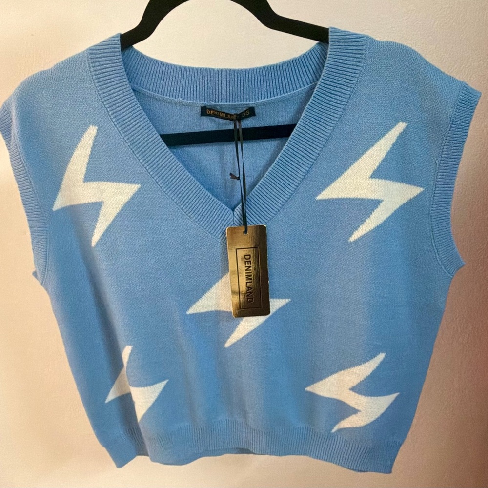 Denim&Co V-Neck Sweater Vest in Blue and White